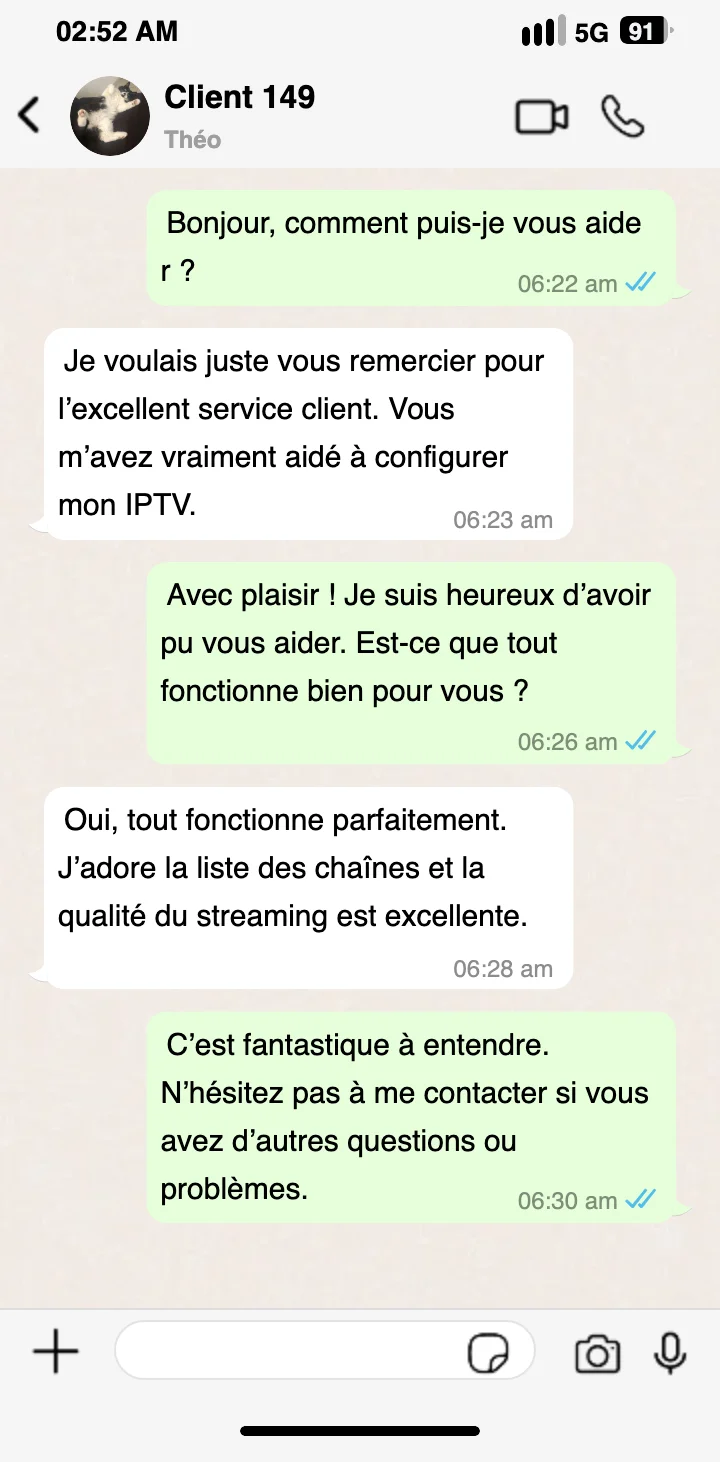 Avis client Pure IPTV sur WhatsApp