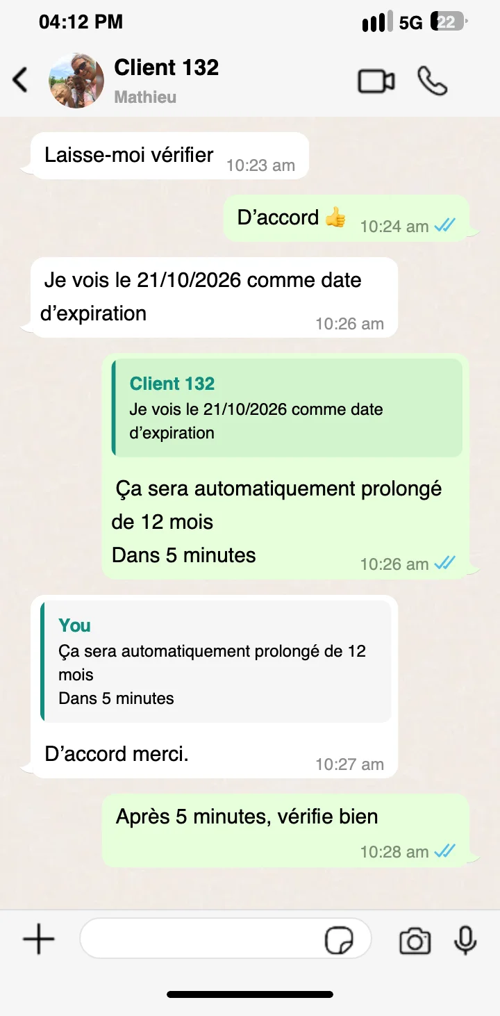 Message de satisfaction client Pure IPTV sur WhatsApp